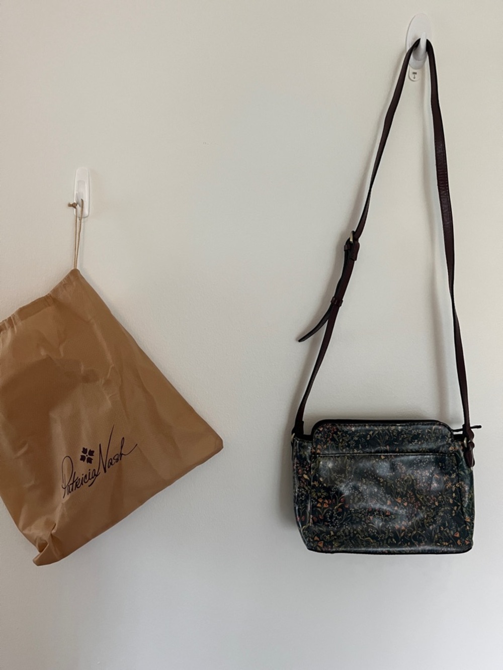 Patricia Nash Dark Green Floral Leather Crossbody with Brown Strap